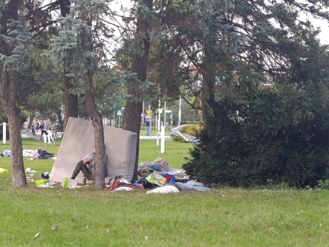 Śmieci i bezdomni w parku w centrum Gdyni