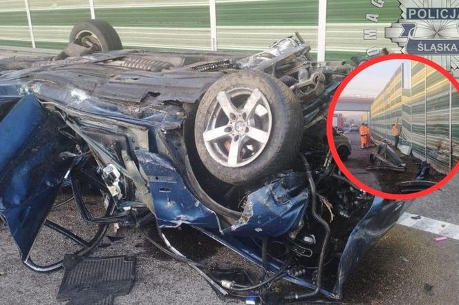 Wypadek na na autostradzie A1. 21-letni kierowca BMW skasował  bariery energochłonne. Jest w szpitalu