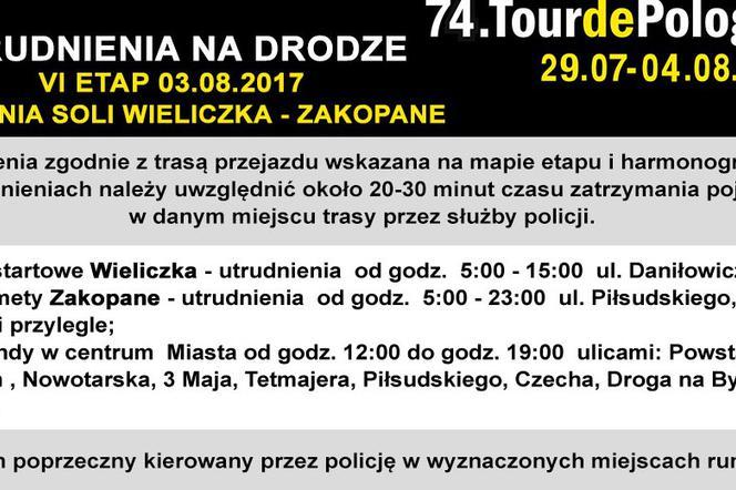 Utrudnienia drogowe podczas VI etapu Tour de Pologne 2017