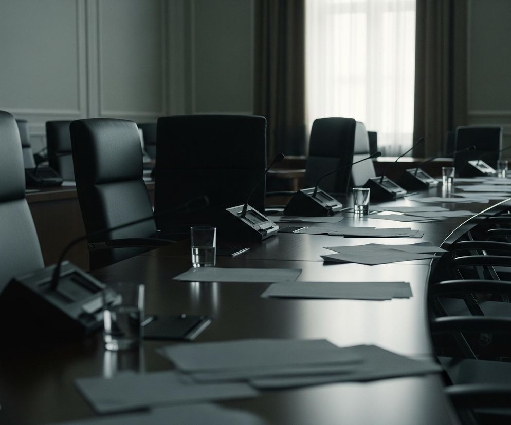 Na obrazie przedstawiony jest duży, pusty stół konferencyjny z czarnymi, obrotowymi krzesłami rozmieszczonymi wokół. Na ciemnym, błyszczącym blacie stołu leżą liczne kartki papieru, mikrofony na podstawkach, oraz szklanki z wodą, które odbijają światło. W tle widoczne są ściany w odcieniach szarości z delikatnymi panelami, a po prawej stronie znajduje się duże okno z jasnymi zasłonami, przez które wpada naturalne światło.