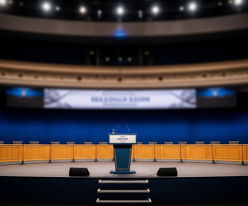 Centralnie na pierwszym planie znajduje się ciemnoniebieska mównica z białym panelem przednim, na którym widnieje czarny napis BEDIRICIOME i stylizowany symbol. Na blacie mównicy umieszczono dwa mikrofony i butelkę wody, a u jej podstawy, po lewej stronie, widoczne są trzy stopnie prowadzące na scenę. Za mównicą, w tle, biegnie półokrągły drewniany stół konferencyjny z czarnymi krzesłami i pojedynczymi mikrofonami rozmieszczonymi w równych odstępach, na tle ciemnoniebieskiej ściany. Ponad stołem, na górze ściany, wisi biały baner z czarnym napisem SESJA OGÓLNA i abstrakcyjnym wzorem w odcieniach szarości. Górna część obrazu ukazuje ciemne, rozmyte tło, prawdopodobnie widownię, z licznymi jasnymi punktami przypominającymi światła.