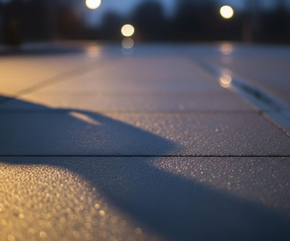 Na pierwszym planie widoczna jest powierzchnia chodnika złożona z kwadratowych płyt, pokryta licznymi drobnymi kropelkami wody, które odbijają światło. Prawa strona chodnika jest niebiesko-szara, natomiast lewa strona i dół obrazu rozświetlone są ciepłym, żółtym światłem. Na lewym skraju zdjęcia, w tle, widoczna jest rozmyta postać osoby, której widać tylko fragment nogi w bucie i jej długi, ciemny cień padający na chodnik. W oddali, na rozmytym tle, znajdują się rozproszone, okrągłe, jasne punkty światła, prawdopodobnie latarnie.