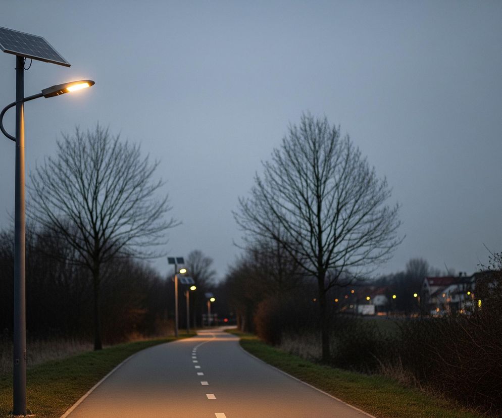 Na pierwszym planie widoczna jest lampa uliczna z panelem słonecznym na szczycie, emitująca ciepłe, pomarańczowe światło, które oświetla fragment szarej ścieżki rowerowej lub pieszej. Ścieżka, z białymi, przerywanymi liniami pośrodku, zakręca w prawo i biegnie w głąb kadru, gdzie dalsze lampy również świecą, rozjaśniając jej przebieg. Po obu stronach ścieżki rosną drzewa bez liści i krzewy, a w tle widać ciemniejące niebo oraz rozproszone światła budynków mieszkalnych.