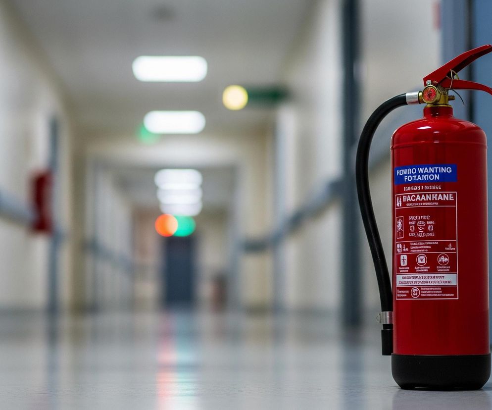 Czerwona gaśnica stoi na jasnoszarej posadzce, zajmując prawą dolną część kadru. Gaśnica ma czarny wąż biegnący wzdłuż jej korpusu, metalowy manometr oraz czerwoną rączkę z uchwytem. Na jej powierzchni widoczna jest prostokątna etykieta z białym i niebieskim tekstem, oraz piktogramami, między innymi w kolorze czerwonym. W tle rozciąga się długi, rozmyty korytarz z białymi ścianami, na suficie widoczne są podłużne, świetlówki oraz okrągłe, kolorowe światła, w tym pomarańczowe i zielone.