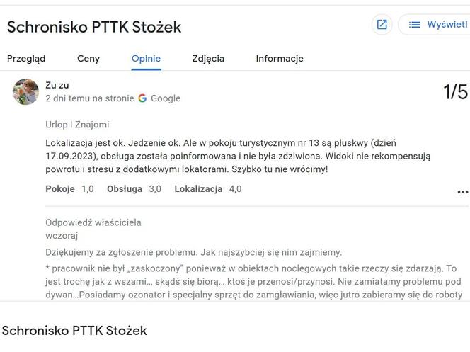Opinia pani Kasi na Google o schronisku Stożek w Wiśle