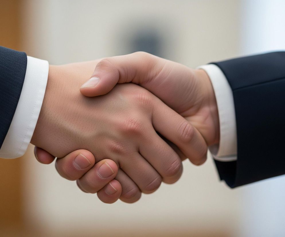 Dwóch mężczyzn w garniturach ściska sobie dłonie w centrum kadru. Ręka po lewej stronie należy do osoby ubranej w ciemnoniebieską marynarkę z trzema widocznymi, czarnymi guzikami na mankiecie, a spod niej wystaje biały mankiet koszuli. Prawa ręka również należy do osoby w ciemnoniebieskiej marynarce i białej koszuli. Obie dłonie mają jasną karnację, a palce obu osób są lekko zgięte wokół dłoni drugiej osoby. Tło jest rozmyte, ukazując jasne, beżowe odcienie po lewej stronie i jaśniejsze, neutralne barwy po prawej.