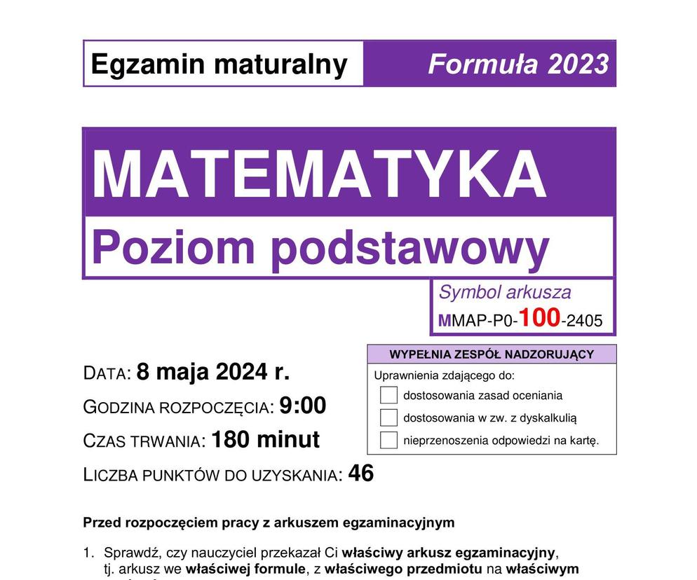 Matura 2024 - ARKUSZ CKE z matematyki (pp, nowa formuła)