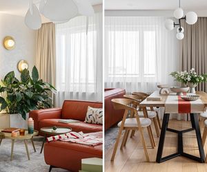 Stonowany salon i kolorowy szał w łazienkach. Mieszkanie w stylu japandi
