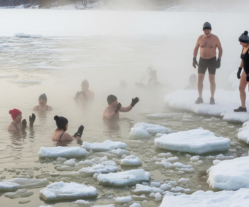 Grupa morsujących osób przebywa w lodowatej wodzie i na jej brzegu, pokrytym śniegiem i kawałkami lodu. W centralnej części obrazu widać czterech mężczyzn i dwie kobiety stojących na śniegu, ubranych w stroje kąpielowe, czapki i rękawiczki. Obok, w wodzie, znajduje się dziesięć innych osób, których głowy i ramiona wystają ponad powierzchnię wody, z której unosi się para wodna, tworząc mglistą atmosferę. Tło stanowi zamarznięty krajobraz z zarysami drzew na horyzoncie.