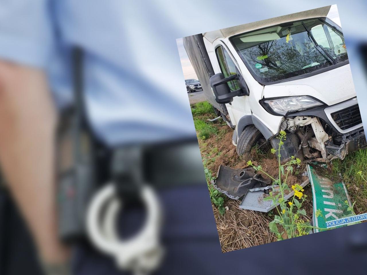 Wjechał do rowu, niemal PRZEFRUNĄŁ przez skrzyżowanie i zniszczył znak drogowy. Powodem nadmierna prędkość [ZDJĘCIA]