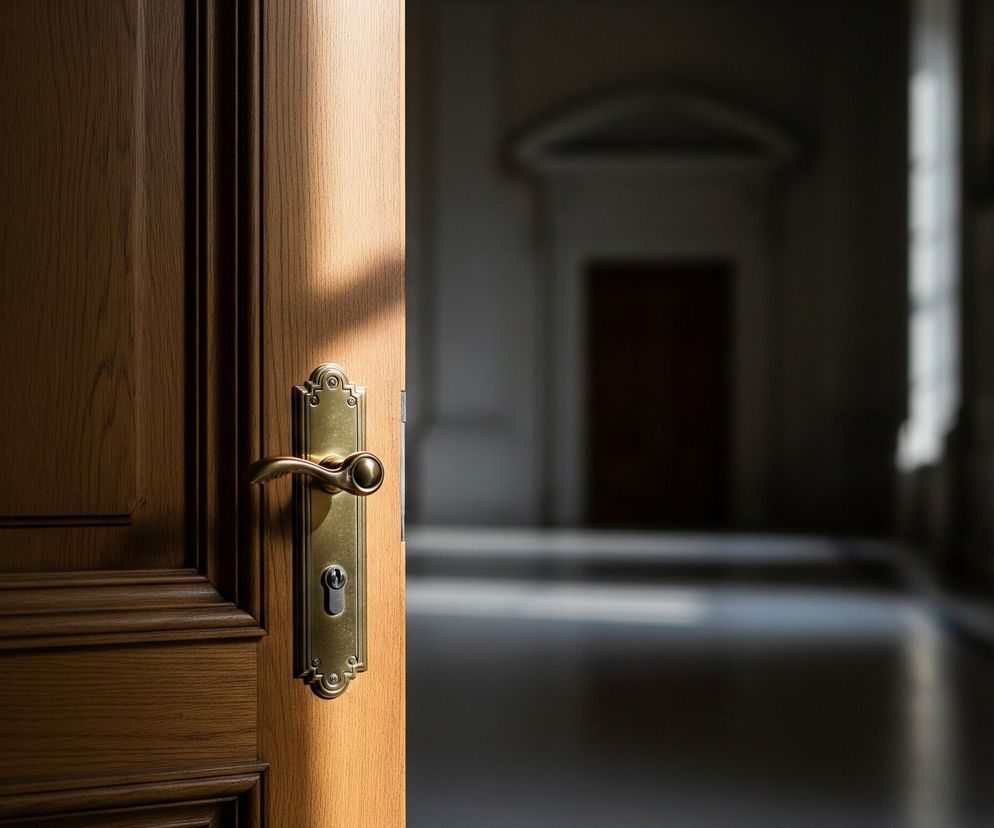 Drewniane drzwi w kolorze brązowym są częściowo otwarte, ukazując ciemne wnętrze budynku. Na ich powierzchni widać ozdobną mosiężną klamkę i zamek, na które pada snop jasnego światła. Za drzwiami rozciąga się długi, słabo oświetlony korytarz z wysokimi oknami, przez które widać kolejne smugi światła na ścianach i podłodze. W oddali, na końcu korytarza, majaczy kolejny ciemny otwór drzwiowy pod łukowatą architekturą.
