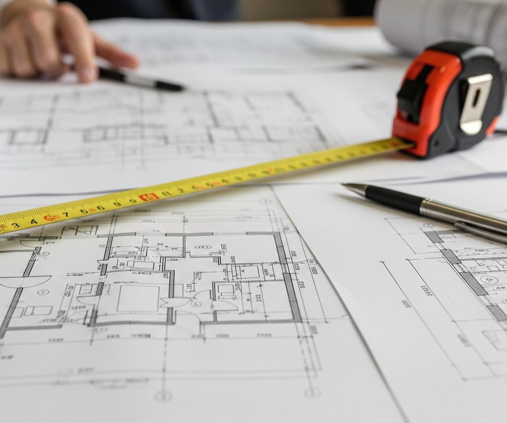 Na białym stole rozłożone są białe arkusze papieru z czarnymi i szarymi liniami stanowiącymi plan budynku lub mieszkania. Na pierwszym planie, w lewym dolnym rogu, leży zwinięty w rulon biały papier. Przez środek obrazu, od lewej do prawej, rozciąga się żółta miarka z cyframi, której obudowa, w kolorach pomarańczowym i czarnym, znajduje się po prawej stronie. Obok obudowy miarki leży czarno-srebrny długopis. W tle widoczna jest niewyraźna postać osoby w ciemnej marynarce i białej koszuli, trzymającej czarny długopis i wskazującej coś na planach.