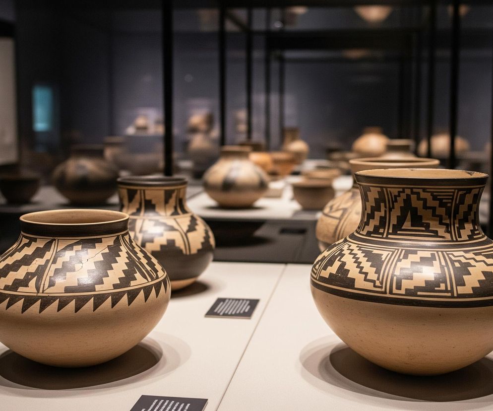 Trzy ceramiczne dzbany o beżowej barwie z ciemnobrązowymi geometrycznymi wzorami stoją na jasnym, płaskim postumencie. Dwa dzbany na pierwszym planie są ostre, natomiast ten z tyłu po lewej jest lekko rozmyty. W tle, za szklaną gablotą z metalowymi ramami, widać wiele podobnych naczyń ustawionych na półkach w słabo oświetlonym pomieszczeniu.