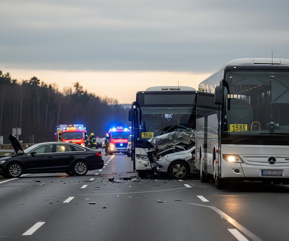 Na drodze oznaczanej białymi, przerywanymi liniami znajduje się scena wypadku z udziałem trzech pojazdów i dwóch autobusów. Duży, biały autobus Mercedes z włączonymi światłami mijania stoi po prawej stronie jezdni, a za nim, pośrodku pasa ruchu, drugi autobus jest wciśnięty w przód małego, srebrnego samochodu osobowego, który ma poważnie uszkodzoną maskę i reflektory. W tle, dalej na drodze, widoczne są dwa czerwone wozy strażackie z włączonymi niebieskimi światłami sygnalizacyjnymi oraz strażacy w żółtych kombinezonach, pracujący przy zdarzeniu. Po lewej stronie pasa ruchu, z uniesioną maską i lekko skręconym do boku, stoi czarny samochód osobowy, a na jezdni widać rozsypane fragmenty karoserii. Szarawe, pochmurne niebo rozciąga się nad linią ciemnych drzew, która biegnie wzdłuż pobocza drogi.