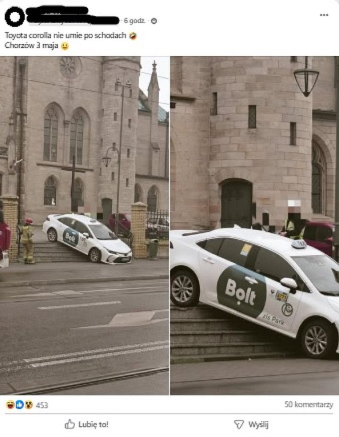Ło panie, gdzieś to wjechał?! Kierowca Bolta zawisnął na schodach przed kościołem w Chorzowie