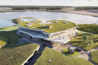 Brownfield - biurowiec na post-industrialnym terenie kopalni otoczonym przez sztuczne jeziora