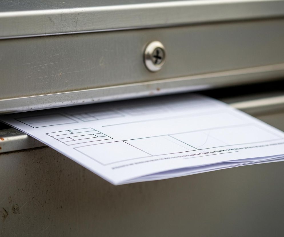 Z metalowej skrzynki, prawdopodobnie na listy, wystaje stos białych arkuszy papieru. Górny arkusz posiada wyraźne, czarne linie tworzące prostokątne pola i wykresy, a także drobny, niewyraźny tekst. Skrzynka ma matową, szarą powierzchnię z widocznymi zarysowaniami i niewielkimi śladami rdzy, a w jej górnej części znajduje się otwór na klucz z widoczną śrubą. Tło jest rozmyte, z niewyraźnymi odcieniami brązu i szarości.
