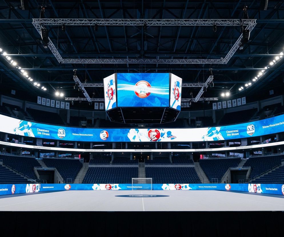 Boisko o szarym, jednolitym podłożu zajmuje centralną część areny sportowej. Z obu stron boiska widoczne są białe bramki z siatkami. Dookoła boiska rozmieszczone są rzędy pustych, ciemnoniebieskich siedzeń, wznoszących się ku górze. Nad siedzeniami, na całej długości areny, biegną podświetlane ekrany LED wyświetlające niebiesko-białe grafiki z okrągłymi emblematami w kolorach białym, czerwonym i niebieskim. W centrum areny, zawieszony pod sufitem, znajduje się duży, czterostronny ekran LED, również wyświetlający niebiesko-białe grafiki z logo. Sufit areny jest ciemny, z widocznymi elementami konstrukcyjnymi i licznymi, jasnymi reflektorami oświetlającymi całe pomieszczenie.