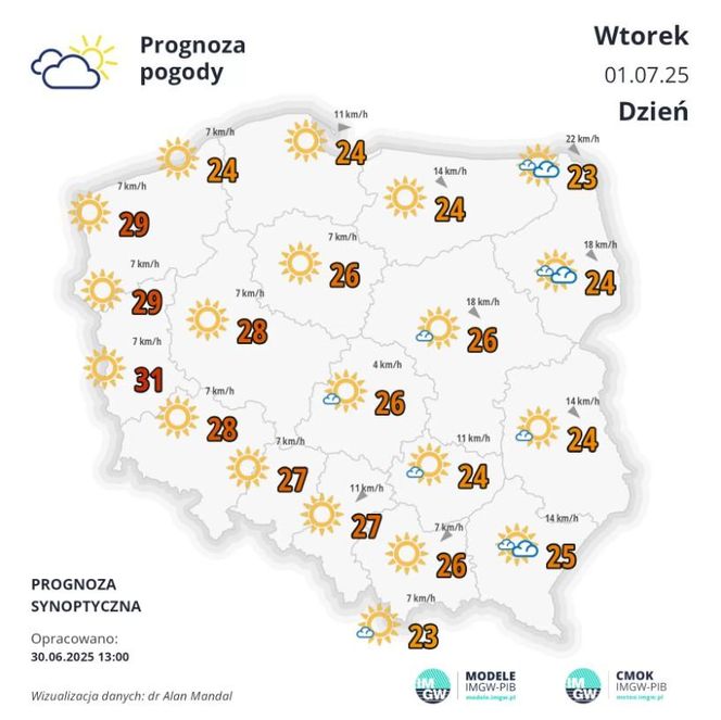 Pogoda na wtorek, 1.07.2025