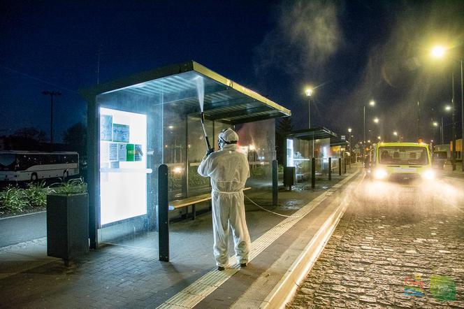 Dezynfekcja przystanków autobusowych w Olsztynie