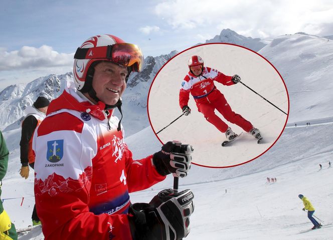 Prezydent Andrzej Duda podczas 10. edycji charytatywnych zawodów "12H Slalom Maraton Zakopane 2024" na Kasprowym Wierchu