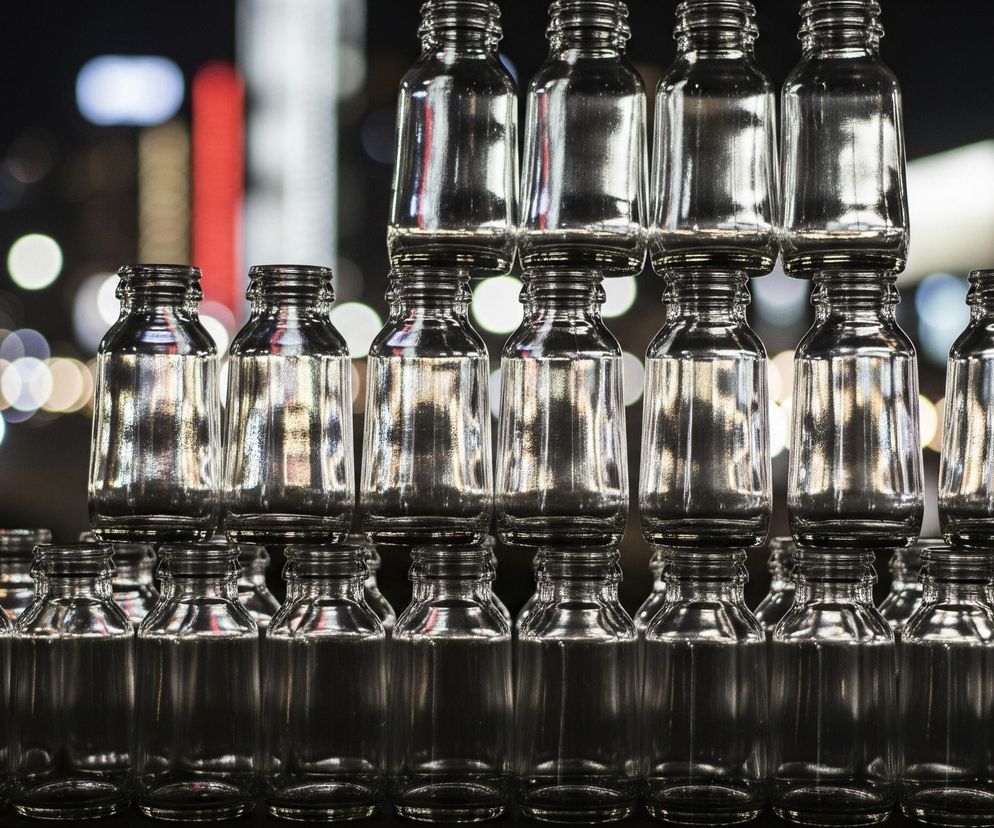 Szereg przezroczystych szklanych butelek ustawionych jest w piramidę na czarnym tle. Butelki mają cylindryczny kształt z wyraźnymi gwintami u góry i odbijają światło, tworząc refleksy i cienie na ich powierzchniach. Za butelkami widoczne są rozmyte, kolorowe światła miejskie, w tym białe, czerwone i żółte, tworzące efekt bokeh.