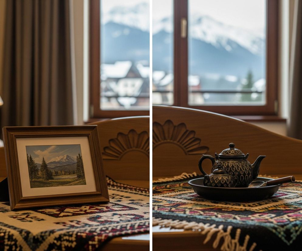 Na drewnianym meblu, prawdopodobnie stole lub ławce, ułożony jest ozdobny bieżnik o wzorach etnicznych w odcieniach czerwieni, niebieskiego, żółci i bieli na beżowym tle, z białymi frędzlami na krawędzi. Po lewej stronie bieżnika stoi oprawiony w drewnianą ramkę obrazek przedstawiający górski krajobraz z jeziorem i drzewami. Po prawej stronie bieżnika umieszczony jest zestaw do herbaty, składający się z dużej czarnej czajniczka i mniejszego naczynia, obu zdobionych wzorem łusek lub piór, stojących na ciemnej tacy z łyżeczką z drewnianą rączką. W tle widać duże okno z drewnianymi ramami, za którym rozciąga się zimowy krajobraz z zaśnieżonymi górami i budynkami, a po lewej stronie zdjęcia widoczna jest lampa ścienna z abażurem.