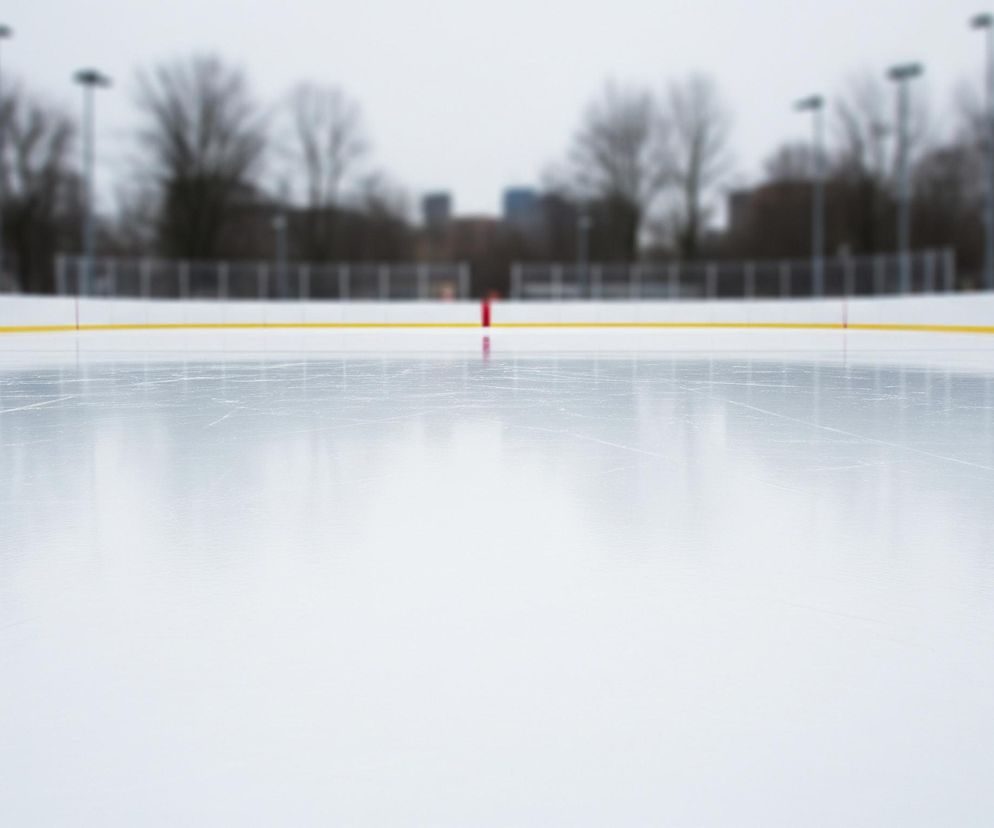 Oślepiająco biała powierzchnia tafli lodu, z widocznymi zarysowaniami i odbiciami, zajmuje pierwszy plan i rozciąga się w głąb kadru. Na linii horyzontu, dzielącej taflę od tła, biegnie pozioma, jaskrawożółta linia. Ponad tą linią, w tle, widoczne są niewyraźne, rozmazane sylwetki drzew bez liści, słupów oświetleniowych i niskich budynków, wszystko skąpane w szarym świetle.