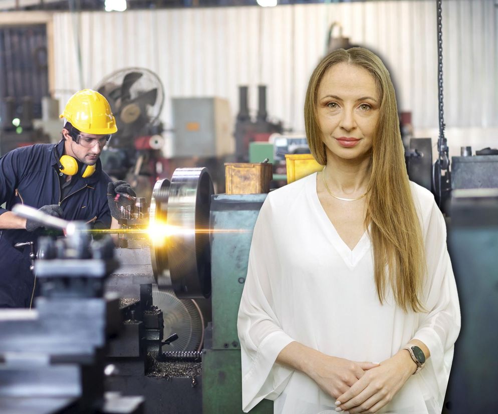 Agnieszka Dziemianowicz-Bąk, Minister Rodziny, Pracy i Polityki Społecznej, na tle pracownika w zakładzie produkcyjnym. Kobieta symbolizuje dyskusję o przymusowych etatach. Na Super Biznes przeczytasz, jak ta zmiana wpływa na umowy cywilnoprawne.