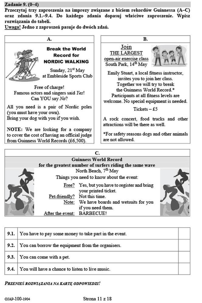 Egzamin ósmoklasisty 2019- język angielski arkusz