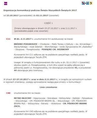 CZĘŚĆ 1      Zmiany obowiązujące w dniach 23-27.10.2017 r. oraz 2.11.2017 r. (poniedziałek-piątek oraz czwartek)