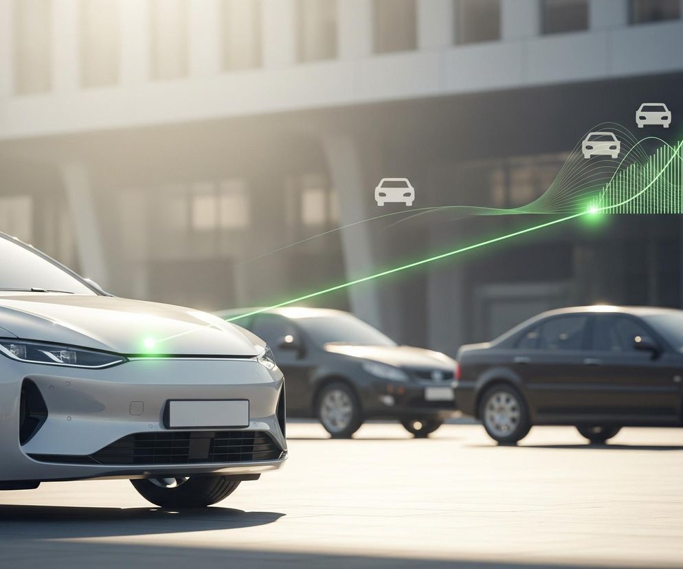 Na pierwszym planie, z lewej strony, stoi nowoczesny samochód w kolorze jasnoszarym, ukazany od przodu i nieco z boku, z wyraźnie widocznym grillem, reflektorami i przednim kołem z felgą w czarno-srebrnym wzorze. Z przodu tego samochodu wydobywa się świecąca, jasnozielona linia, która wznosi się dynamicznie w górę, tworząc wykres słupkowy z ikonami samochodów na swojej ścieżce, zakończony strzałką skierowaną w górę. W tle, częściowo rozmyte, widoczne są dwa inne samochody – jeden ciemnoszary pośrodku i jeden ciemnobrązowy po prawej, oba w nieco starszym stylu. Całość rozgrywa się na tle nowoczesnego budynku o szklanych fasadach, oświetlonego ciepłym, naturalnym światłem z lewej strony, rzucającym długie cienie na jasny, betonowy chodnik.