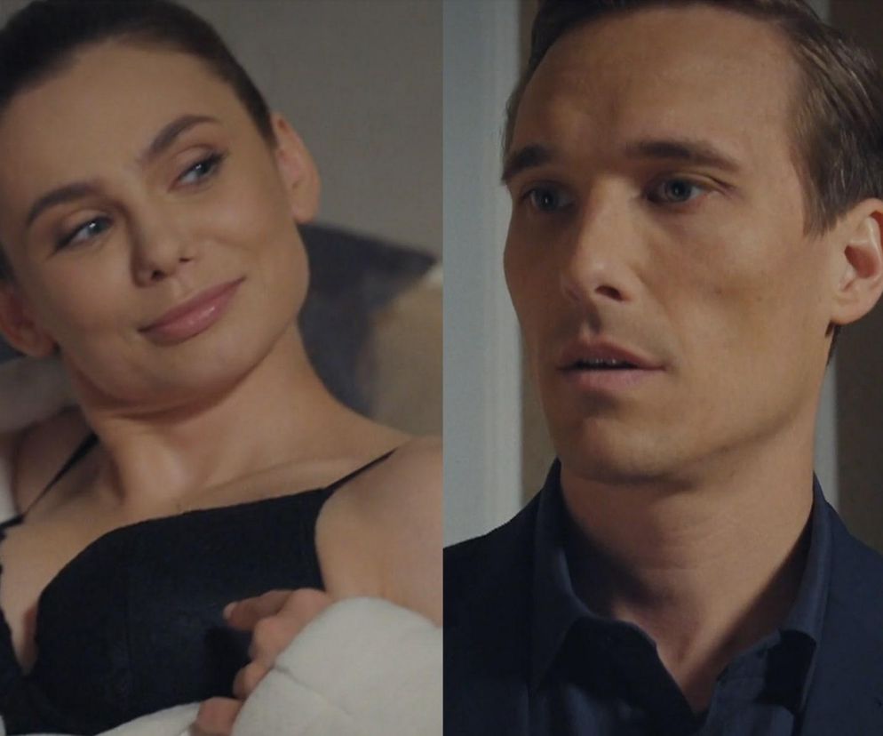 Hostessa Luiza w czarnym biustonoszu i szlafroku patrzy uwodzicielsko na Olka Chodakowskiego, który wydaje się zaskoczony. Ta dwójka bohaterów serialu „M jak miłość” znalazła się w dwuznacznej sytuacji podczas służbowego wyjazdu, a więcej o tym przeczytasz na Super Seriale.