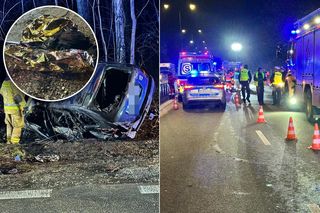 Dachowanie i pożar. Auto huknęło w drzewo i stanęło w ogniu! 