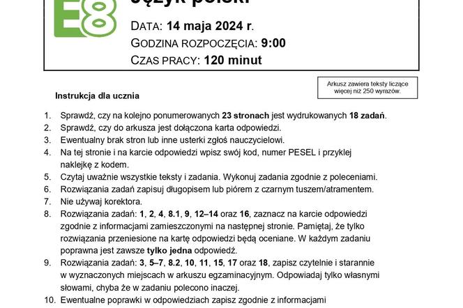 Egzamin ósmoklasisty 2024 - język polski arkusz, zadania