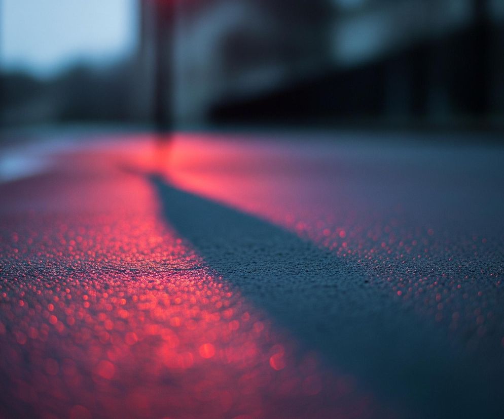 Asfaltowa nawierzchnia ulicy, pokryta drobnymi kroplami wody, odbija intensywne czerwone światło w dolnej części obrazu. Smuga czerwonego blasku, przechodząca w rozmyte czerwone punkty, biegnie przez środek kadru, tworząc wyraźny kontrast z ciemniejszymi, niebieskawymi odcieniami reszty drogi. W oddali, w tle, widoczne są niewyraźne, rozmyte kształty budynków lub drzew, pogrążone w mroku.