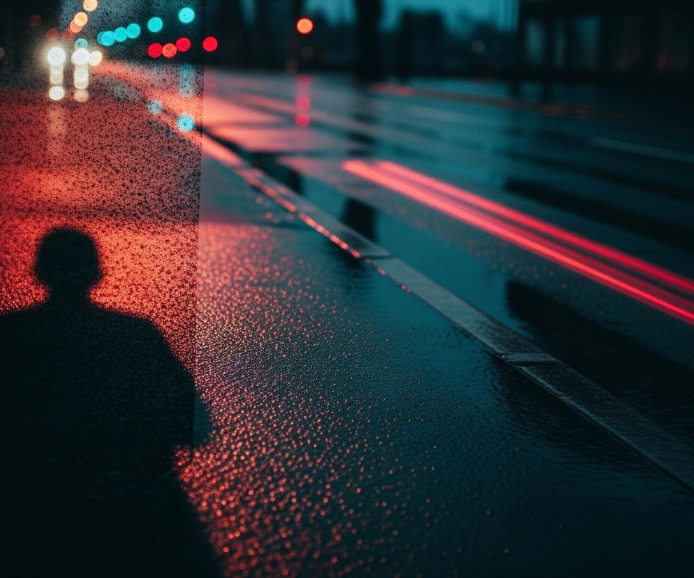 Cień postaci zarysowuje się w lewej dolnej części obrazu, oświetlony czerwonym światłem, które odbija się od mokrej, ziarnistej powierzchni. Droga biegnie w głąb kadru, z wyraźnymi smugami czerwonego światła, prawdopodobnie od tylnych świateł pojazdów, oraz rozmytymi punktami jasnych świateł w oddali, w tym białych i turkusowych. Całość utrzymana jest w ciemnych, chłodnych barwach, z dominującymi odcieniami granatu i czerni, przełamywanymi przez intensywne czerwone refleksy.