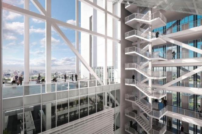 Reforma Towers projektu Richard Meier & Partners. Centralne atrium; widoczny taras widokowy
