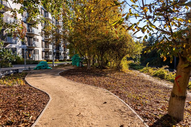 Park linearny na Służewcu w Warszawie pod koniec budowy