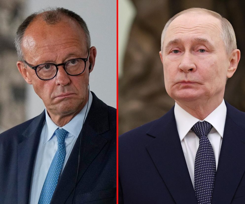 Friedrich Merz i Władimir Putin na podzielonym zdjęciu. Merz, niemiecki polityk, po lewej, spogląda w lewo, z mikrofonem obok. Putin po prawej, patrzy prosto. Temat o zwolnieniu Rosnieftu z sankcji USA na Super Biznes.