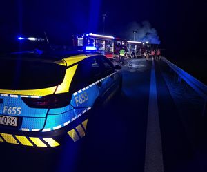 Śmiertelny wypadek na DK 74 pod Wieluniem. Kierowca mazdy zderzył się z tirem i spłonął [ZDJĘCIA].