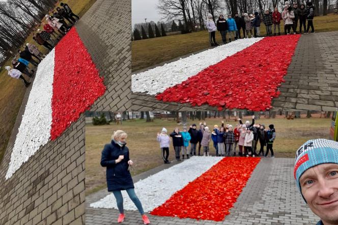 Flaga Polski z nakrętek, którą ułożyli uczniowie Szkoły Podstawowej w Grali Dąbrowiźnie w gminie Skórzec, liczy ponad 20 metrów kwadratowych!