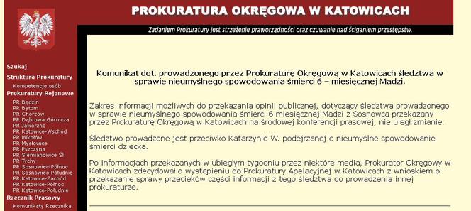 Madzia z Sosnowca - Komunikat Prokuratury Okręgowej Katowice 26.03.2012