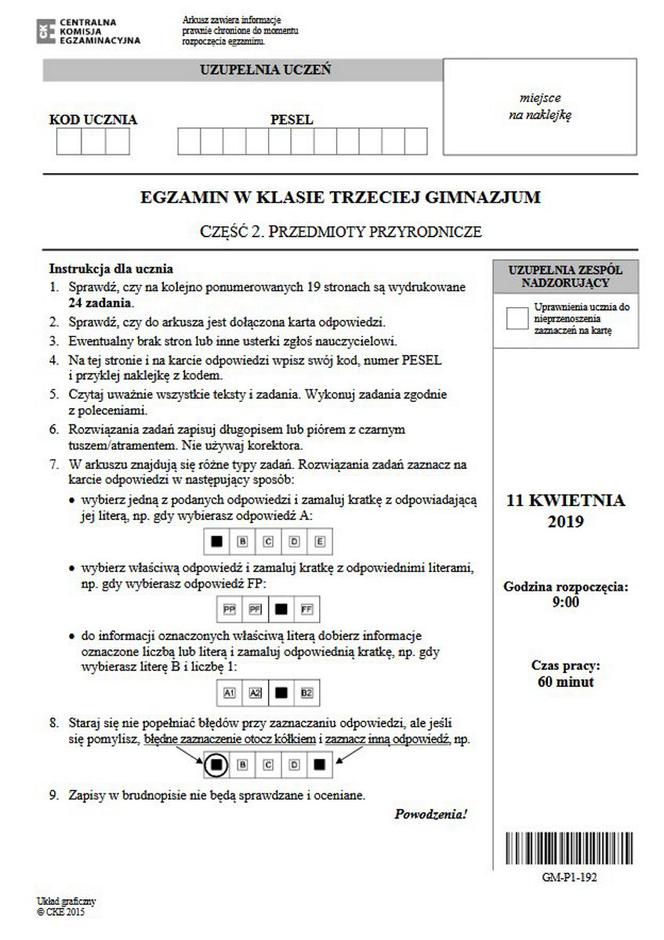 "Egzamin gimnazjalny 2019 - część przyrodnicza"