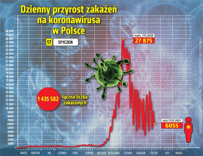 wirus polska przyrost dobowy 17.01.2021