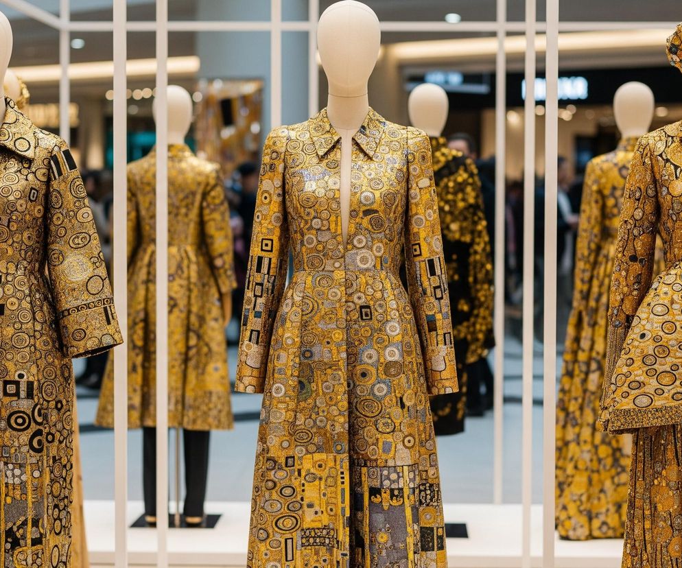 Rzędy beżowych manekinów w pełnej wielkości prezentują odzież z tkaniny w odcieniach złota, czerni i szarości. Wzory na odzieży to głównie koncentryczne okręgi, prostokąty i inne geometryczne kształty, tworzące mozaikowy efekt. Manekiny stoją na białych cokołach za szeregiem białych, pionowych i poziomych prętów, tworząc klatkową strukturę. Tło jest rozmyte, z widocznymi odblaskami światła i zarysami innych manekinów oraz ludzi.