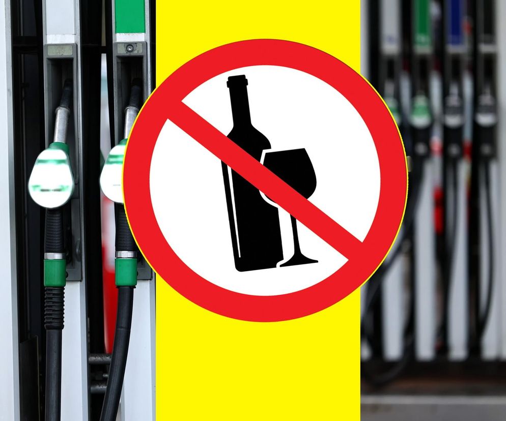 Dystrybutory paliwa z zawieszonym znakiem zakazu sprzedaży alkoholu, butelka i kieliszek przekreślone czerwoną linią symbolizują zakaz alkoholu na stacjach paliw. Temat szczegółowo opisano na Super Biznes.