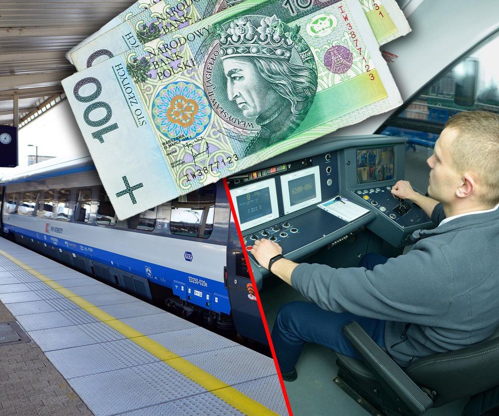 Maszynista w kabinie pociągu obok stacji kolejowej z banknotami 100 zł symbolizującymi wysokie zarobki. O pensjach maszynistów przeczytasz na portalu Super Biznes.