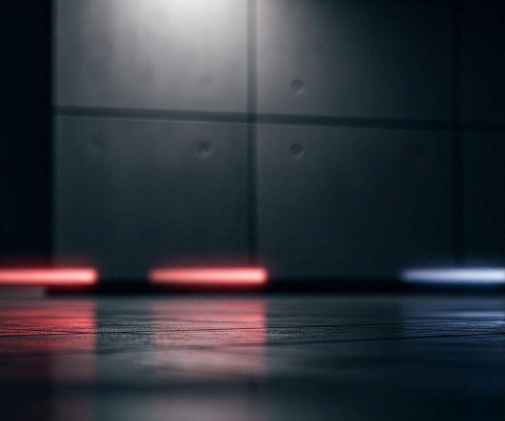 Na pierwszym planie widoczna jest ciemna, teksturowana podłoga z delikatnymi odbiciami światła. W tle znajdują się trzy poziome pasy światła: dwa czerwone po lewej stronie i jeden niebieski po prawej, wszystkie lekko rozmyte. Za źródłami światła rozciąga się pionowa, panelowa ściana w odcieniach szarości, również rozmyta i oświetlona z góry. Całe ujęcie jest ciemne, z wyraźnym kontrastem między oświetlonymi elementami a głębokim cieniem.