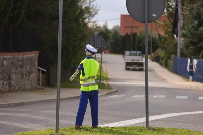 Policjant "drewniak" pilnuje porządku przy drodze na Mazurach. Sprawa trafiła na policję